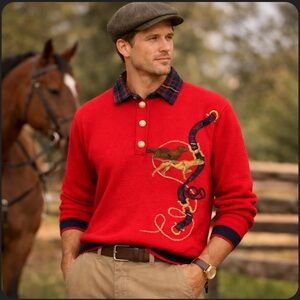 Vintage Equestrian Hunt Club Polo Sweater Plaid Merino Wool Dog Preppy Unisex